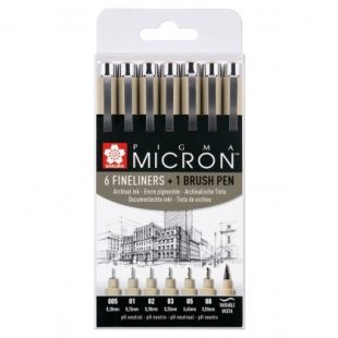 Тънкописци Pigma Micron : 6 Броя и 1 Маркер Четка : Черни