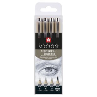 Тънкописци Pigma Micron : 3 Броя + Маркер Четка : Сиви
