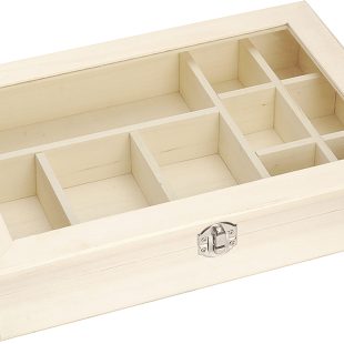 Unfinished Wooden Organizer Box with Glass Lid : Knorr Prandell : 31.5 x 22 x 6 cm : 6+3+1 Compartments