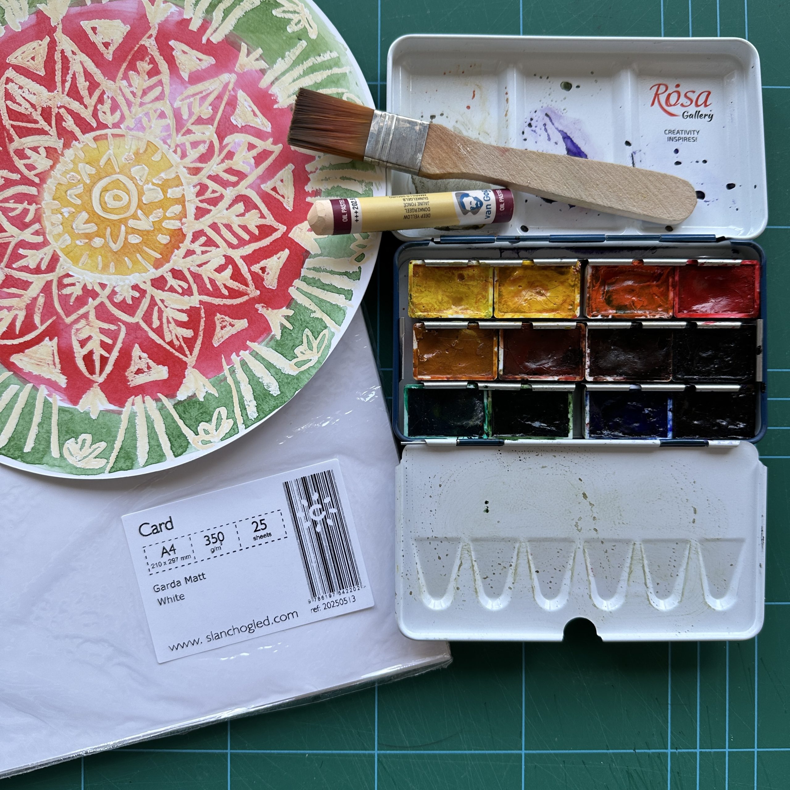 Материали за изработка на декоративно пано: пакет бял картон, метална кутия с акварелни бои, дървена четка, маслен пастел, кълбо бял конец и перфоратор. Те са подредени около готово изрисувано кръгло пано върху зелена работна подложка.